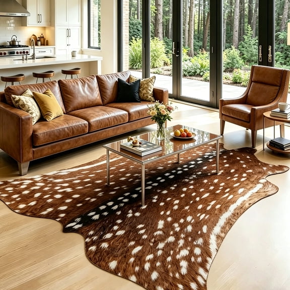 Deer Print Rug 4.6x5.2 Feet, Machine Washable Faux Rug, Non-Slip Animal Print Hide Deer Skin Area Rug for Bedroom Living Room Home Decor