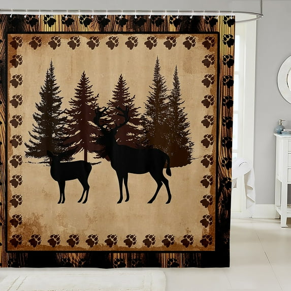 Deer Print Shower Curtain Animal Bath Curtain Deer Hunting Themed Bathroom Decor Rustic Farmstyle Bear Paw Print Waterproof Curtain Canbin Deer Shower Curtain,72" W x 78" L