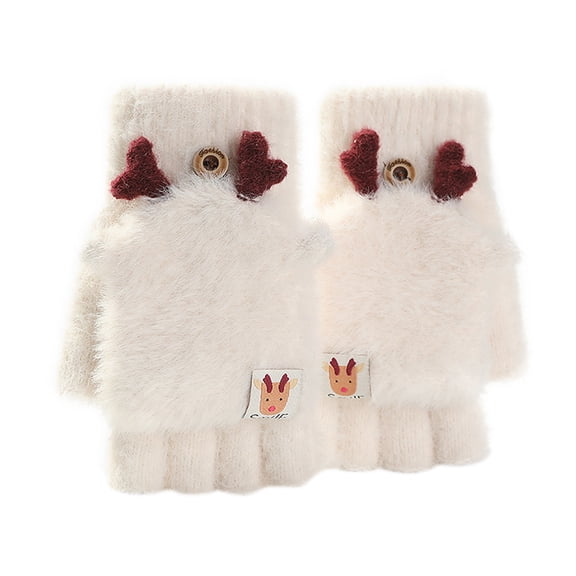 Deer Print Velvet Thermal Gloves,Winter Ski Windproof Hand Warmers,Soft Plush Thick Cold Resistant Hand Covers,Smooth Fluff Fabric Anti Freeze Outdoor Snow Sports Hand Gear,White