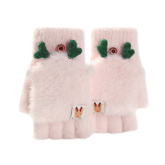 Deer Print Velvet Thermal Gloves,Winter Ski Windproof Hand Warmers,Soft Plush Thick Cold Resistant Hand Covers,Smooth Fluff Fabric Anti Freeze Outdoor Snow Sports Hand Gear,Pink