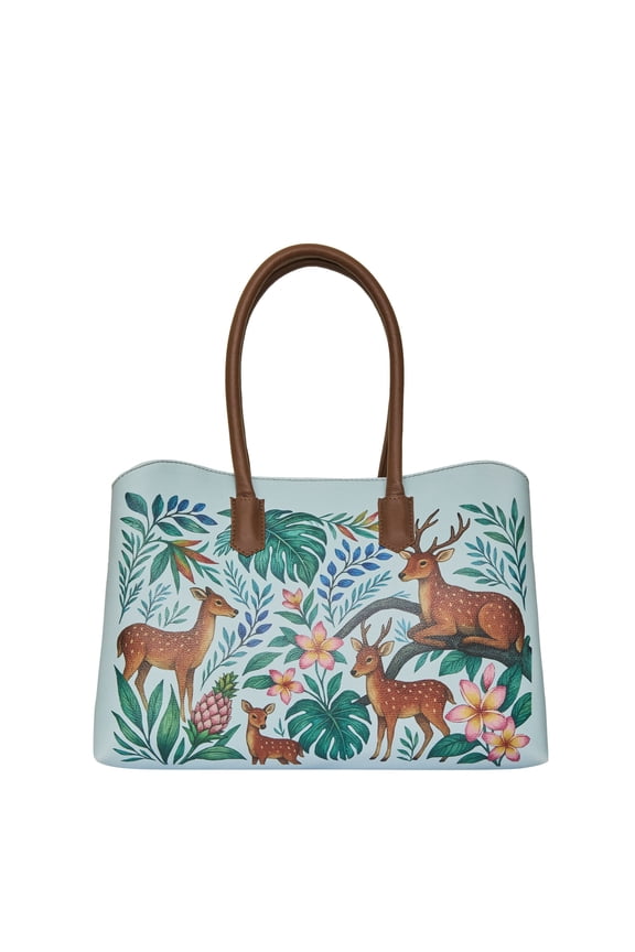 Deer Printed Genuine Leather Carryall Tote Bag for Women Stylish Top Handle Shoulder Handbag for Office, Work & Daily Travel