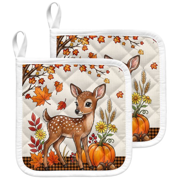Deer Pumpkins Fall Pot Holders for Kitchen Heatproof Potholder, 2 Pack Thanksgiving Branches Berry Rustic Hot Pads Multipurpose Oven Pads Terry Cloth Potholders Trivet for Cooking and Baking