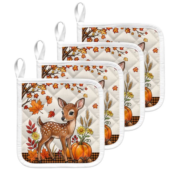 Deer Pumpkins Fall Pot Holders for Kitchen Heatproof Potholder, 4 Pack Thanksgiving Branches Berry Rustic Hot Pads Multipurpose Oven Pads Terry Cloth Potholders Trivet for Cooking and Baking