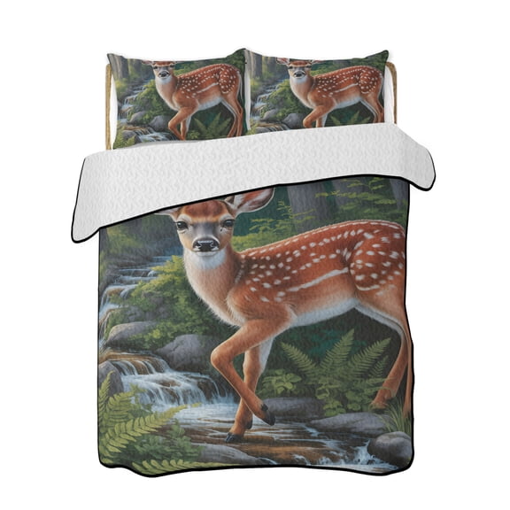 Deer Quilts Bedding Set Full Size Forest Leaves River Vintage Nature Animal Farmhouse Lightweight Quilted Bedspread 3 Piece Bed Quilt with 2 Pillow Shams All Season for Bedroom 68" x 98"