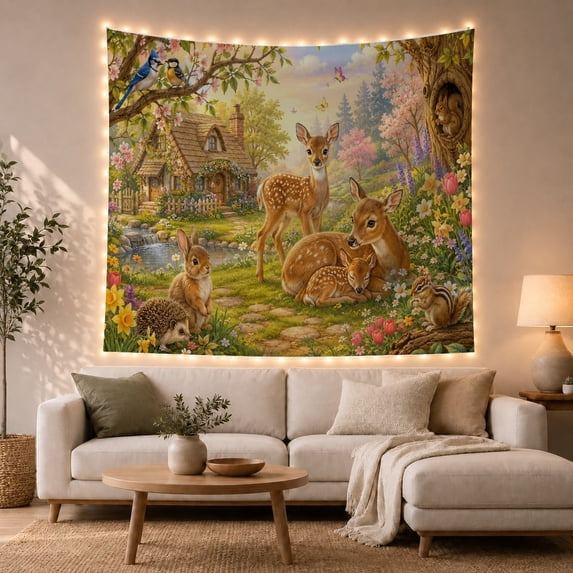 Deer and Rabbit in Woodland with Cottage, Whimsical Illustration for Nature Lovers, Wildlife Forest Wall Art, Housewarming Gift Tapestry Wall Hanging for Living Room and Bedroom