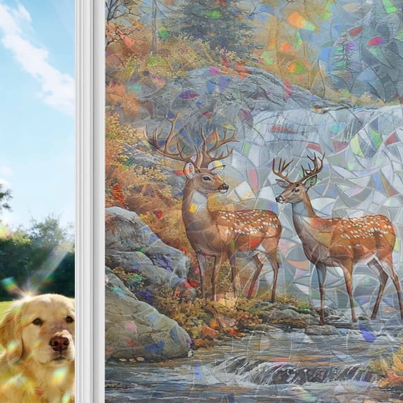 Deer Rainbow Window Privacy Film, Forest Wildlife Rustic Stained Glass Window Film, Sun Blocking Glass Clings Static Cling Non Adhesive Door Stickers 19.6 x 39.3 Inches