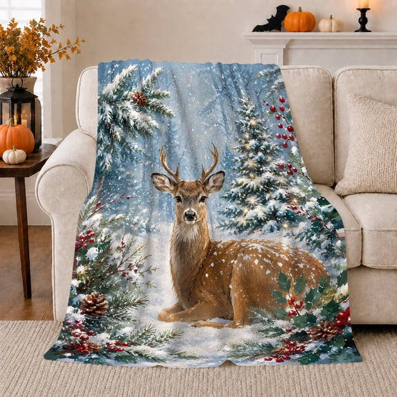 Deer Resting by Snowy Christmas Tree with Holly Berries, Peaceful Holiday Wildlife Style for Deer Lovers, Warm Flannel Blanket for Living Room and Cabin, Christmas Gift, Home Decor