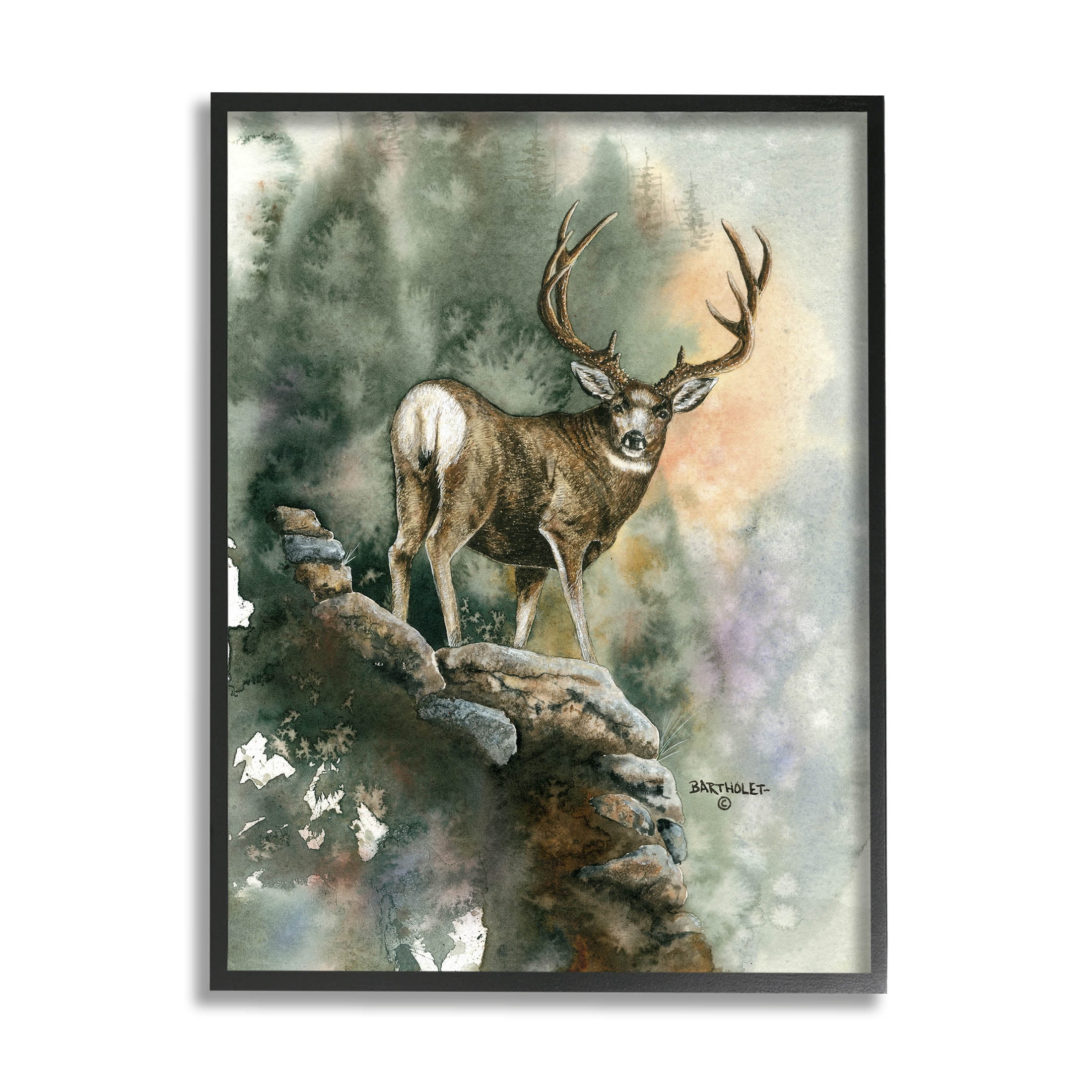Deer Rocky Woodland Cliff Animals & Insects Graphic Art Black Framed Art Print Wall Art