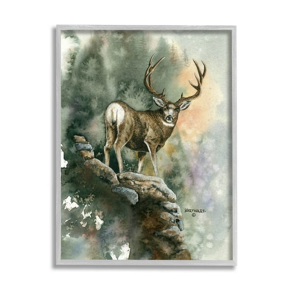 Deer Rocky Woodland Cliff Animals & Insects Graphic Art Gray Framed Art Print Wall Art