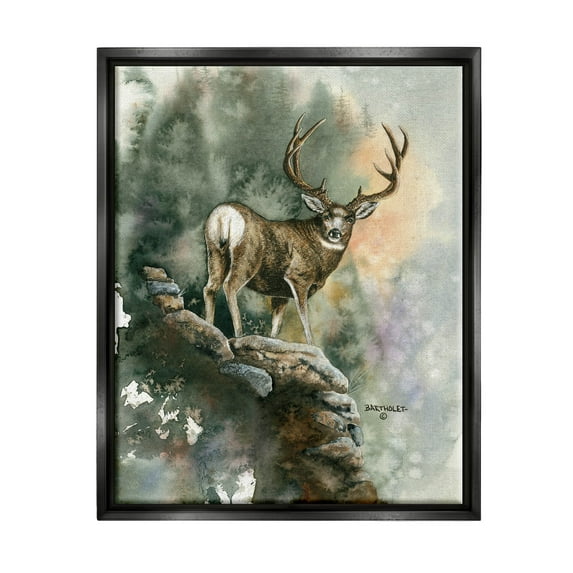 Deer Rocky Woodland Cliff Animals & Insects Graphic Art Jet Black Framed Art Print Wall Art