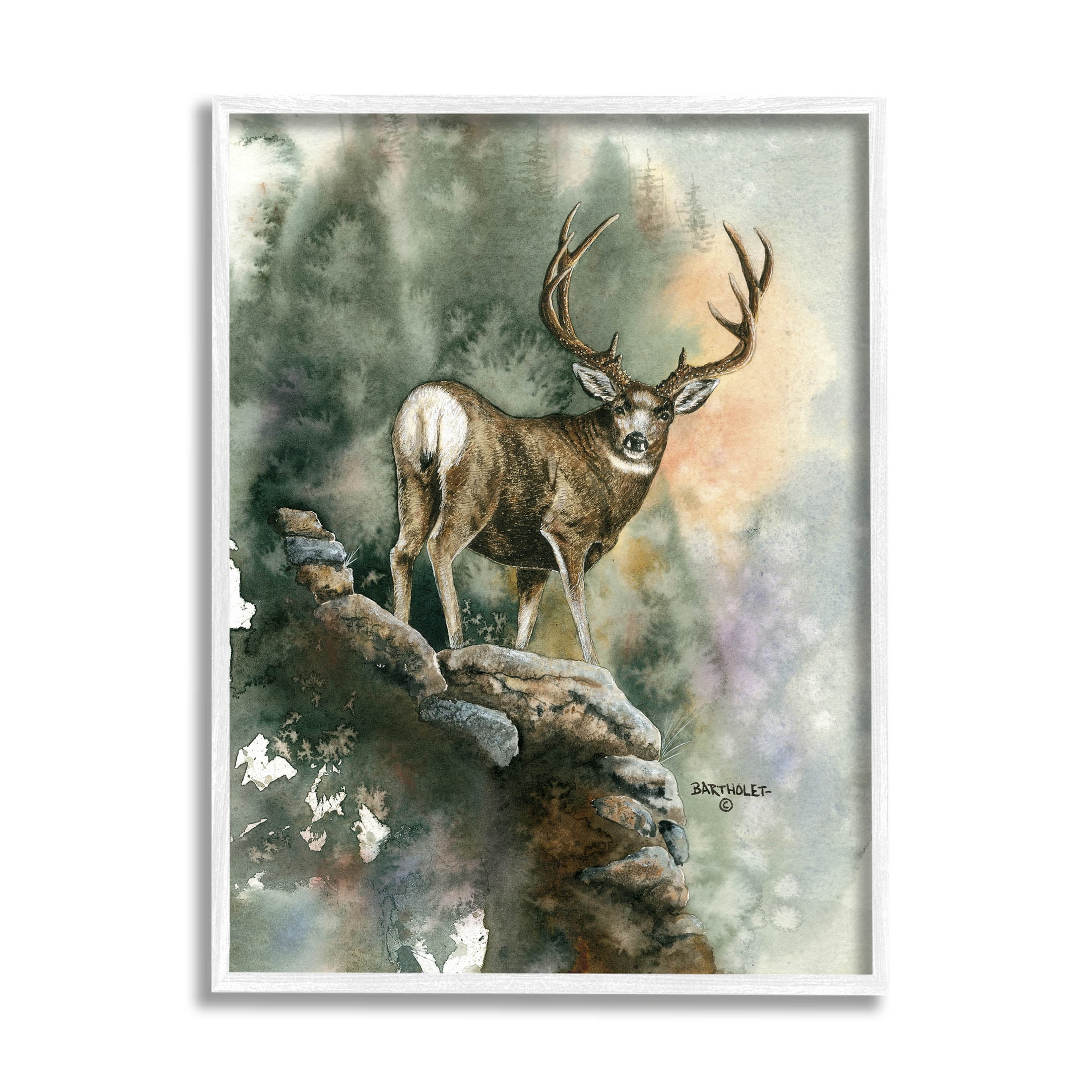 Deer Rocky Woodland Cliff Animals & Insects Graphic Art White Framed Art Print Wall Art