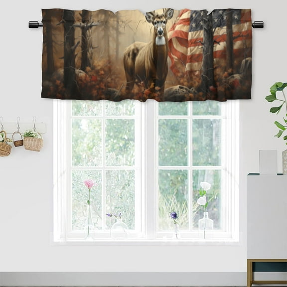 Deer Rod Pocket Thermal Insulated Curtain Valance Rustic Antler Old Forest Retro American Flag Privacy Window Valances for Living Room Kitchen 54 by 18 in, 1 Panel