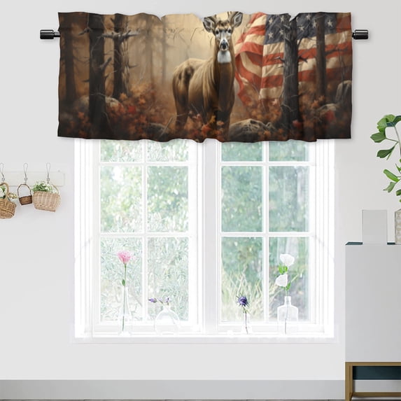 Deer Rod Pocket Thermal Insulated Curtain Valance Rustic Antler Old Forest Retro American Flag Privacy Window Valances for Living Room Kitchen 54 by 18 in, 1 Panel