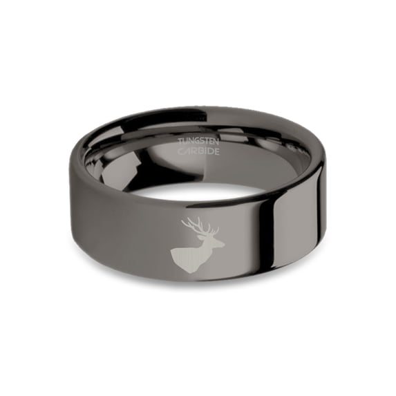 Deer Roebuck Antler Head Engraved Gunmetal Polished Tungsten Ring, 8mm, Size 5