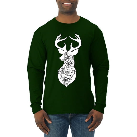 Deer Rose Animal Lover Mens Long Sleeve Shirt, Forest Green, 2XL