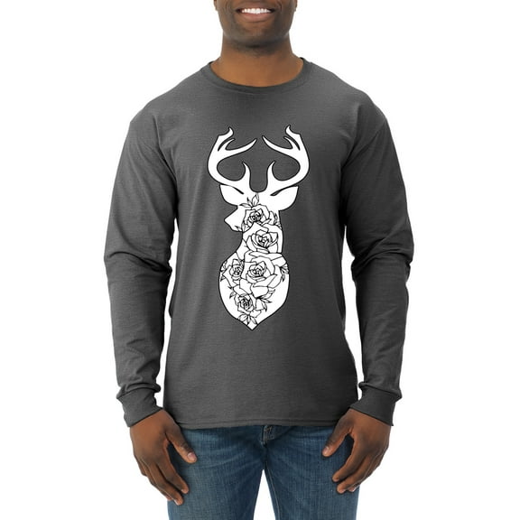 Deer Rose Animal Lover Mens Long Sleeve Shirt, Heather Black, Large