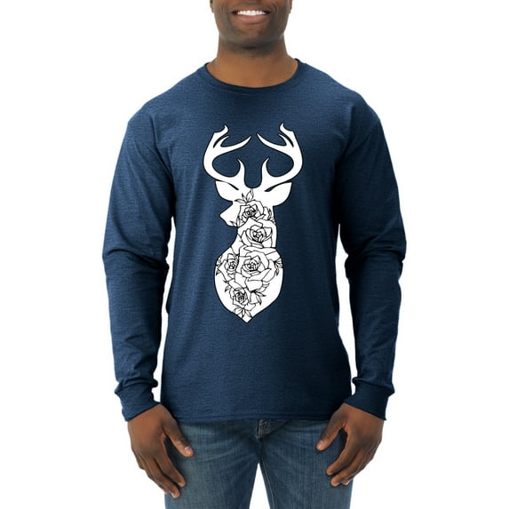 Deer Rose Animal Lover Mens Long Sleeve Shirt, Vintage Heather Navy, 2XL