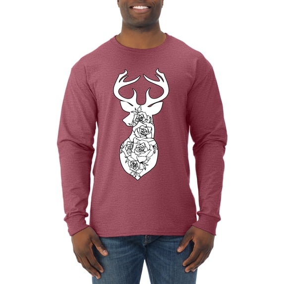 Deer Rose Animal Lover Mens Long Sleeve Shirt, Vintage Heather Red, Medium