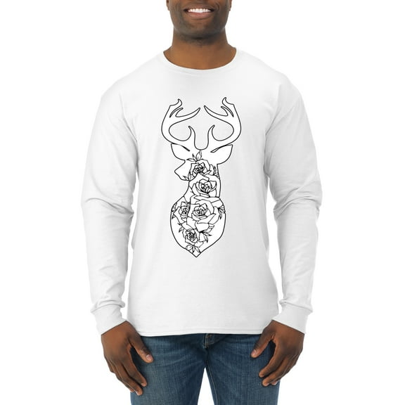Deer Rose Animal Lover Mens Long Sleeve Shirt, White, Large