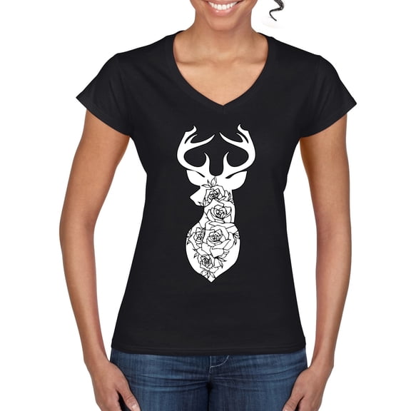 Deer Rose Animal Lover Women's Standard V-Neck Tee, Black, Small