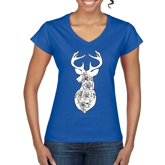 Deer Rose Animal Lover Women’s Standard V-Neck Tee, Royal, X-Large