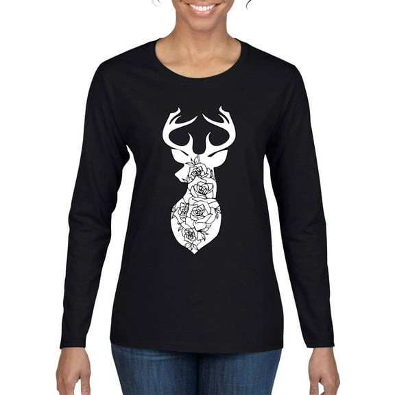 Deer Rose Animal Lover Womens Graphic Long Sleeve T-Shirt, Black, X-Large