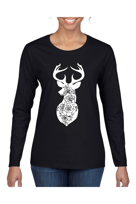 Deer Rose Animal Lover Womens Graphic Long Sleeve T-Shirt, Black, X-Large