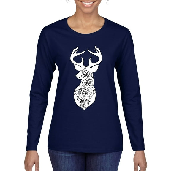 Deer Rose Animal Lover Womens Graphic Long Sleeve T-Shirt, Navy, 2XL