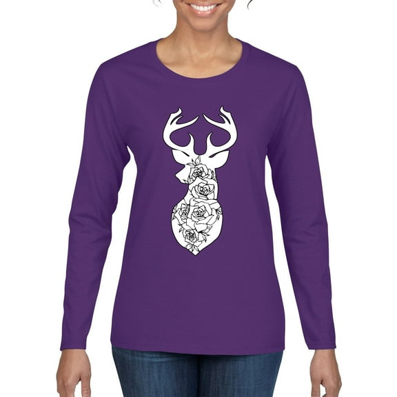 Deer Rose Animal Lover Womens Graphic Long Sleeve T-Shirt, Purple, X-Large