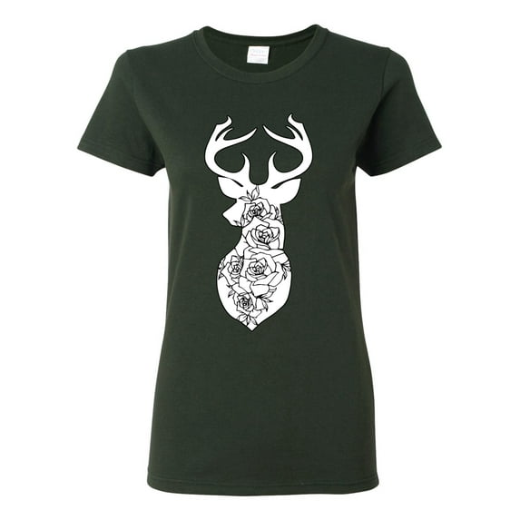 Deer Rose Animal Lover Womens Graphic T-Shirt, Forest Green, Medium
