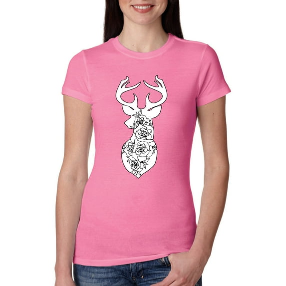 Deer Rose Animal Lover Womens Slim Fit Junior Tee, Hot Pink, Medium