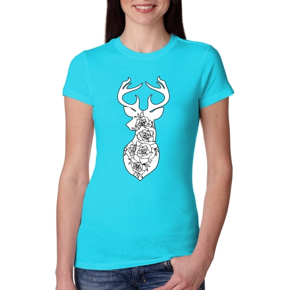 Deer Rose Animal Lover Womens Slim Fit Junior Tee, Tahiti Blue, Medium