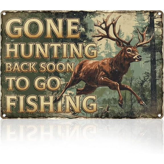 Deer Running in Forest Wall Decor Beer Sign Gone Hunting Back Soon To Go Fishing Wall Art Vintage Metal Tin Poster for Home Bar Garage Man Cave Room Decor Gift for Man 8 x 12 Inch Multi-color