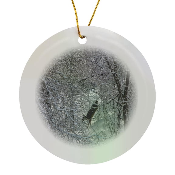 3drose, Deer Running in the Winter Forest, Circle Porcelain Ornament