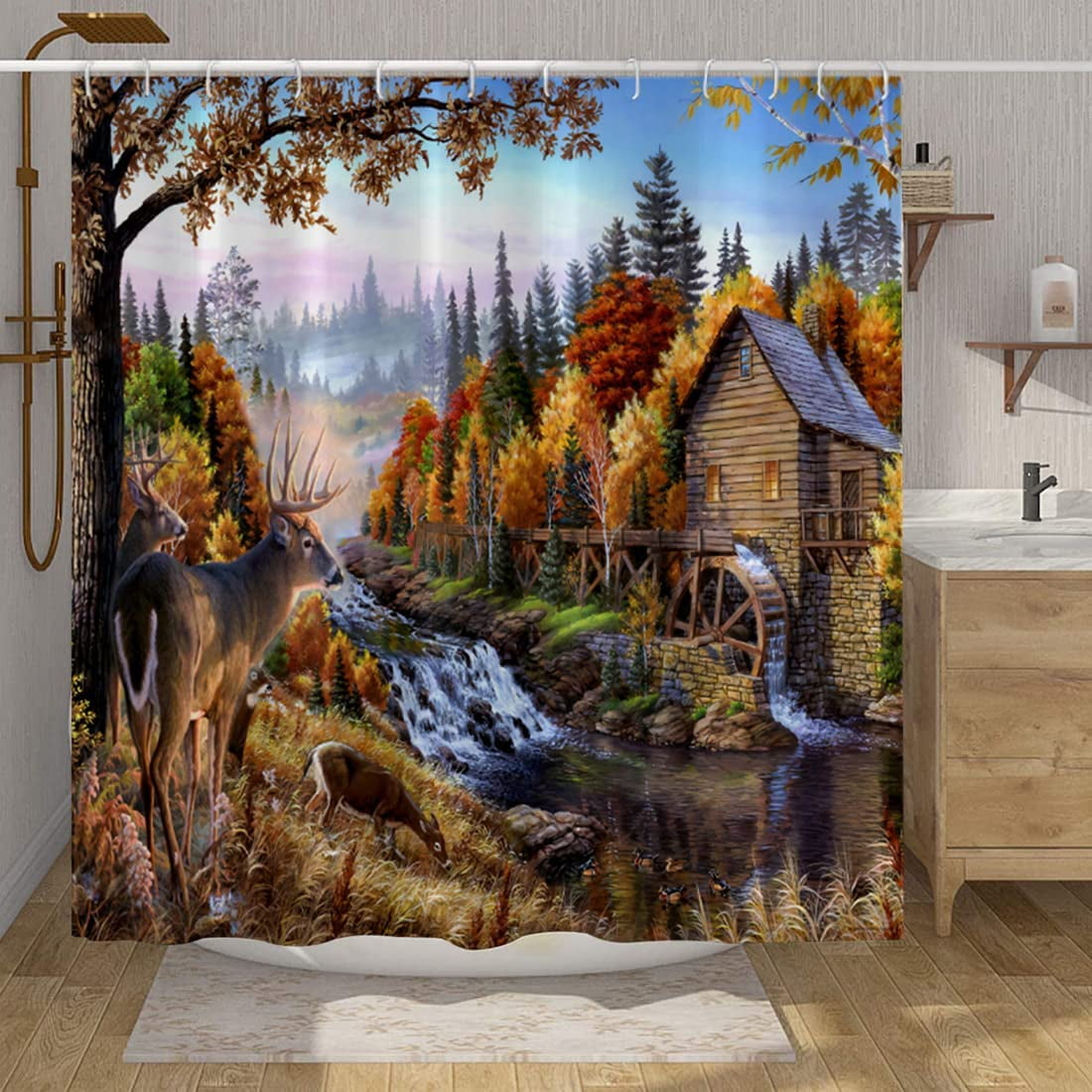 Deer Rustic Shower Curtains Wildlife Reindeer Forest Woodland Hunting