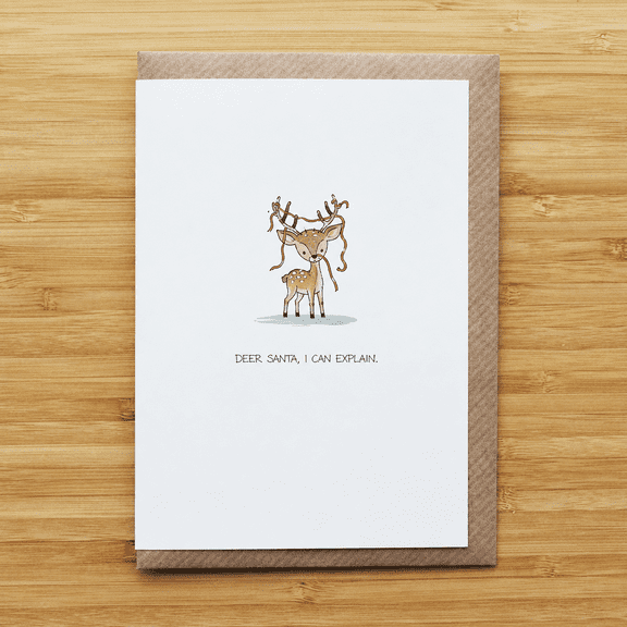 Deer Santa I Can Explain Funny Deer Christmas Card, Hand Drawn Holiday Animal Greeting Card, 5x7 Inch Blank Inside