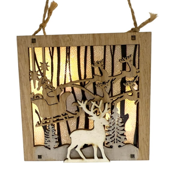 Deer Santa Sleigh Light Up Ornament 3D Wood Holiday Christmas Tree Decoration, LED Timer