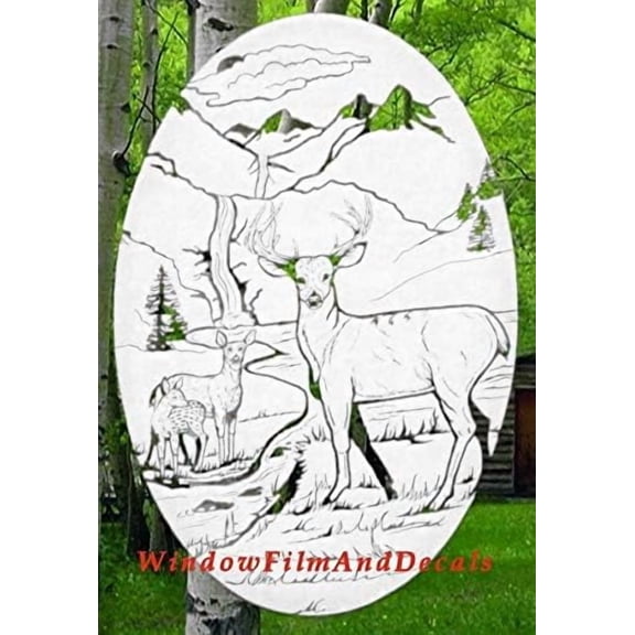 Deer Scene Oval Etched Window Decal Vinyl Glass Cling - 15" x 23" - White with Clear Design Elements