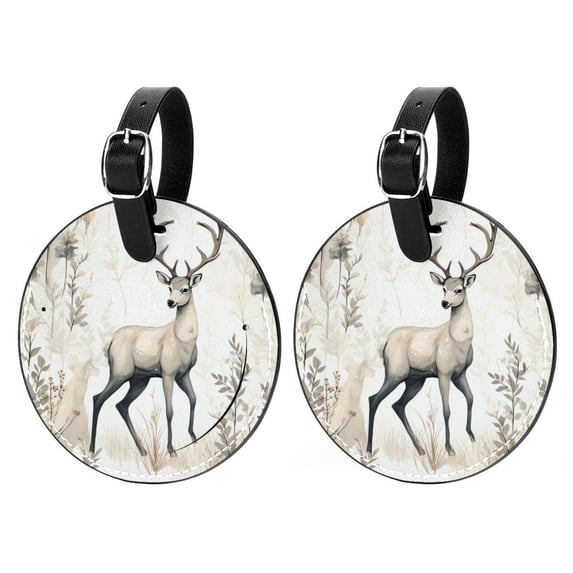 Deer Set of 2pcs PU Leather Round Suitcase Tags with Privacy Cover and Name ID Tag - Ideal for Travel Luggage, Handbags, Backpacks, School Bags