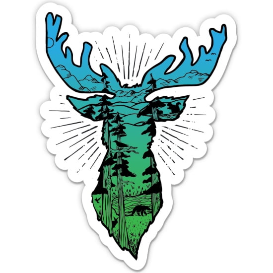 Deer Shape Mountains Landscape Explore - 3" Vinyl Sticker - For Car Laptop Water Bottle Phone - Waterproof Decal
