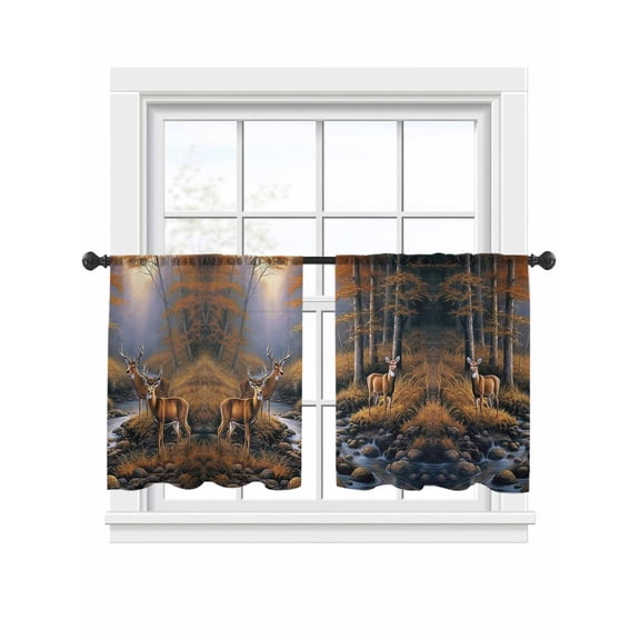 Deer in Sheer Curtains 2 Panels Set Sunset Forest with Stream and Trees Sheer Window Curtains Light Filtering Rod Pocket Voile Drapes for Bedroom Living Room 52"x45"