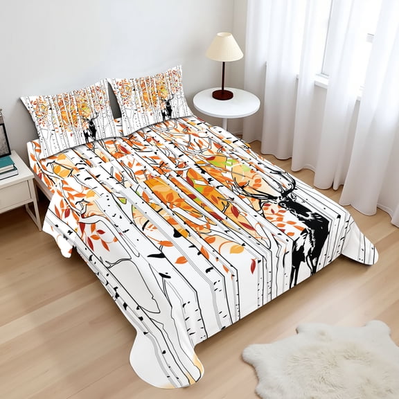 Ambesonne Deer Fitted & Top Sheet Set with Shams, Trees Foliage Wilderness, Orange Green and White