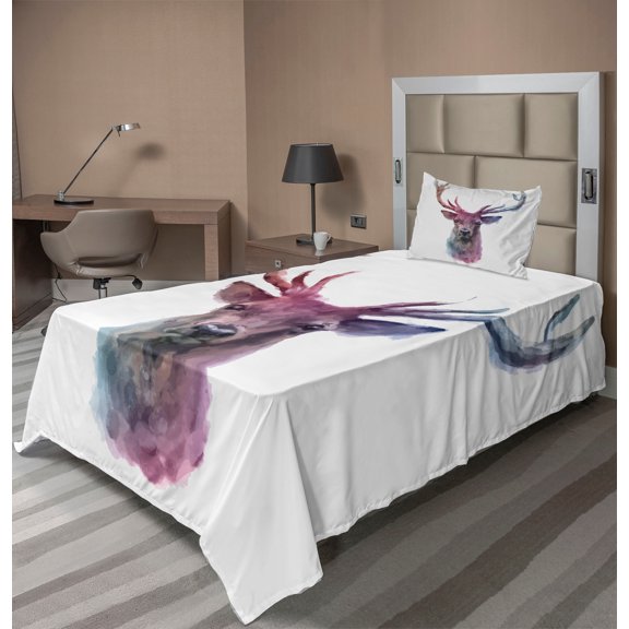 Ambesonne Pastel Fitted & Top Sheet Set with Sham, Antlers Wild Nature, Pink Lilac