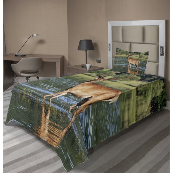 Ambesonne Deer Fitted & Top Sheet Set with Sham, Mountain Animal in Water, Green Brown