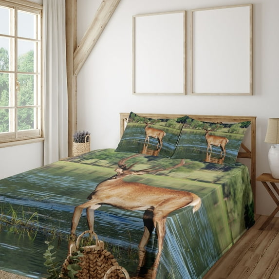 Ambesonne Deer Fitted & Top Sheet Set with Shams, Mountain Animal in Water, Green Brown