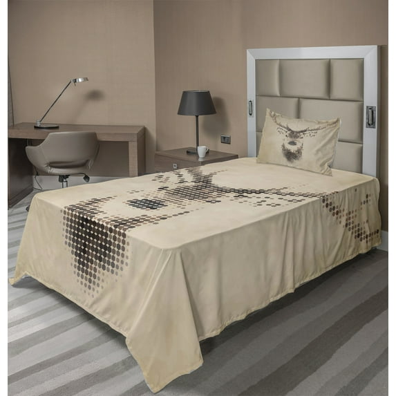 Ambesonne Retro Fitted & Top Sheet Set with Sham, Deer Portrait with Dots, Cream Brown