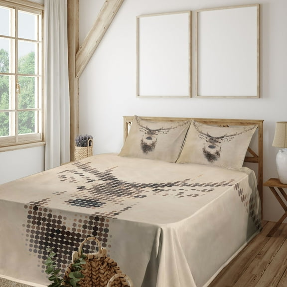 Ambesonne Retro Fitted & Top Sheet Set with Shams, Deer Portrait with Dots, Cream Brown