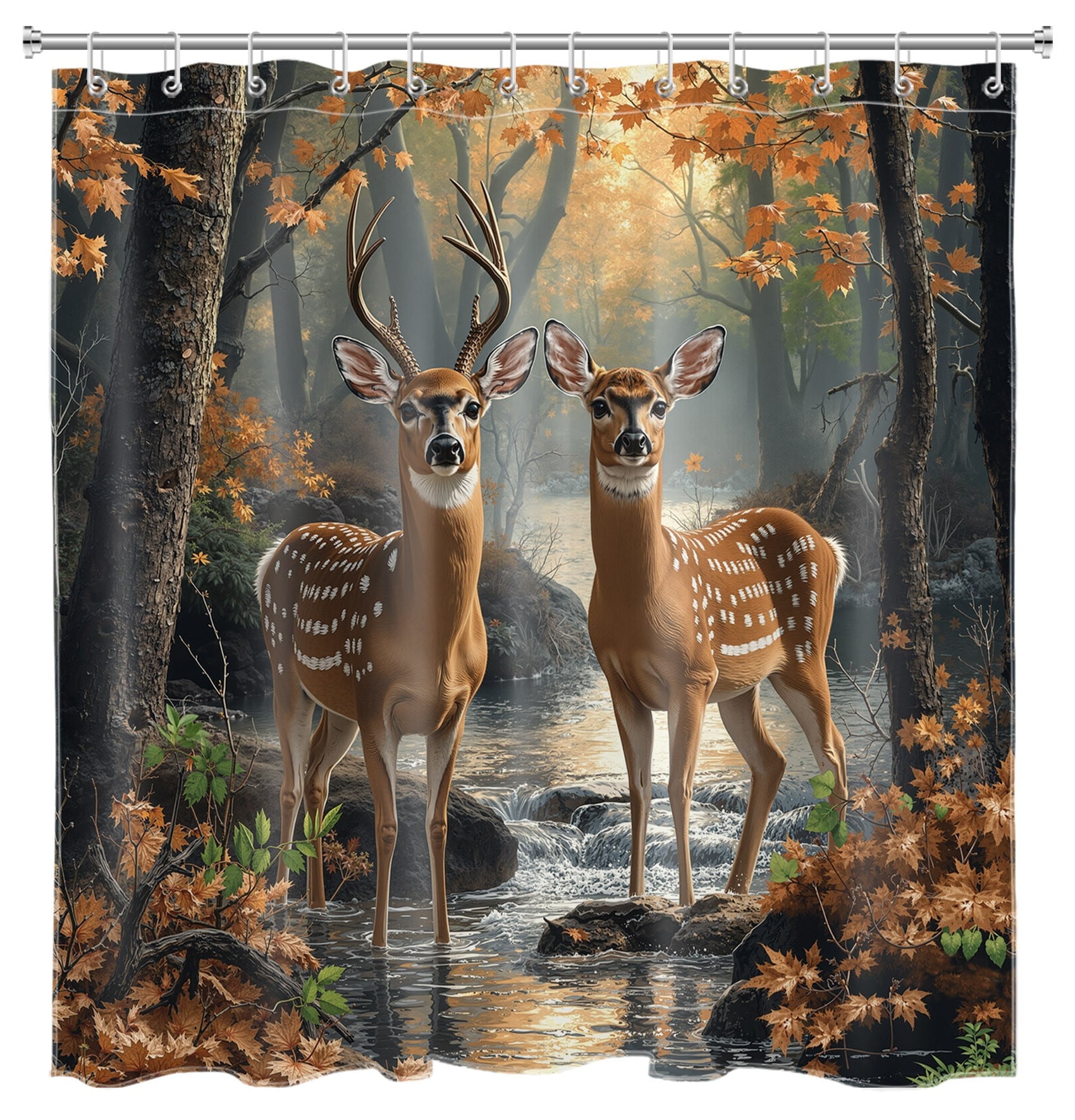 Deer Shower Curtain Fall Forest Landscape Wild Animals Trees and Plants Nature Art Bathroom Shower Curtain Home Decor Waterproof Durable Shower Curtain Accessories with 12 Hooks 72x78 Inches