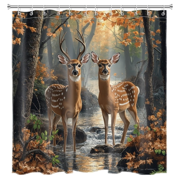 Deer Shower Curtain Fall Forest Landscape Wild Animals Trees and Plants Nature Art Bathroom Shower Curtain Home Decor Waterproof Durable Shower Curtain Accessories with 12 Hooks 72x78 Inches