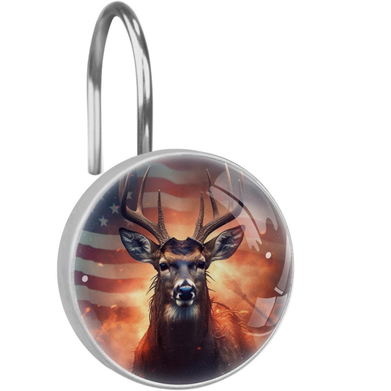 Deer Shower Curtain Hooks （Set of 12） for Home Hotel Shower Rods Bathroom Crystal Glass Print Stainless Steel Round Curtain Hooks